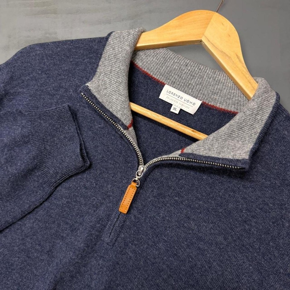 Lorenzo Uomo Quarter 1/4  Zip Sweater Navy Blue Cashmere Blend Pullover XL